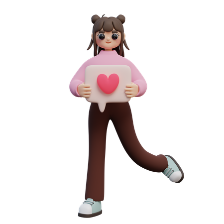 Chica sosteniendo bocadillo de diálogo con corazón  3D Illustration