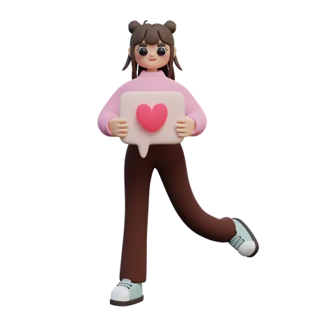 Chica sosteniendo bocadillo de diálogo con corazón  3D Illustration