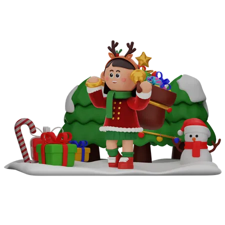 Chica sujetando Bell con saco de regalos  3D Illustration