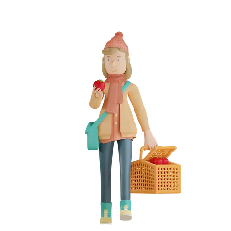 Chica sujetando manzana y cesta de la compra  3D Illustration