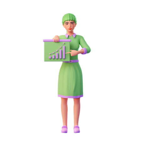 Chica sujetando mesa de presentación con gráfico de negocios  3D Illustration