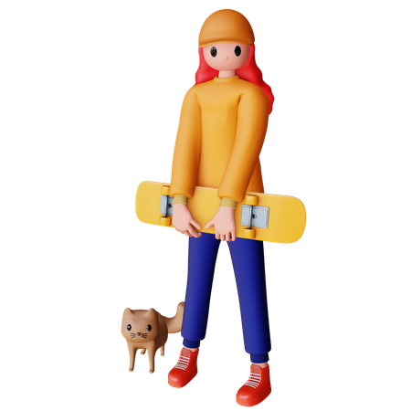 Niña sosteniendo patineta  3D Illustration