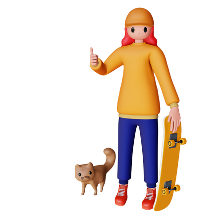 Chica sujetando patineta con mascota  3D Illustration