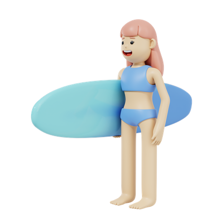 Niña sosteniendo tabla de surf  3D Illustration