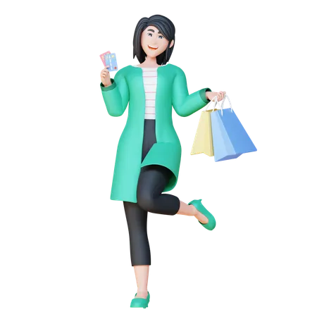 Chica sosteniendo tarjeta de crédito y bolsas de compras  3D Illustration