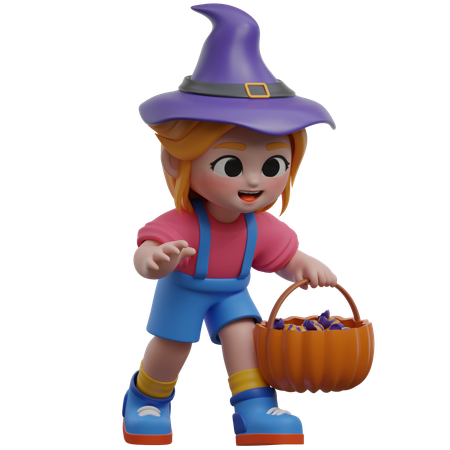 Niña sosteniendo una canasta de calabaza  3D Illustration