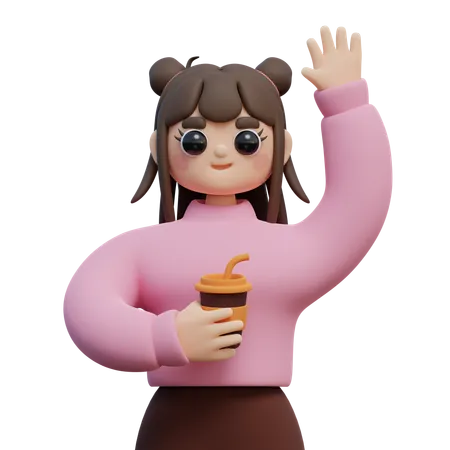 Chica sosteniendo una taza de café y mano de olas  3D Illustration