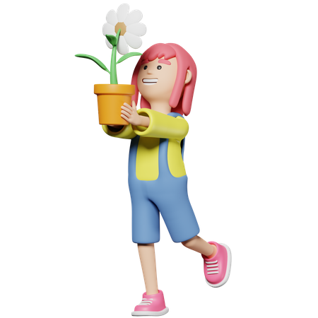 Chica sostenga una maceta de flores  3D Illustration