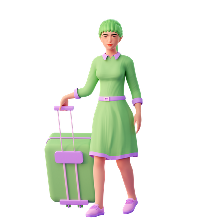 Chica tirando de su maleta usa la mano izquierda  3D Illustration