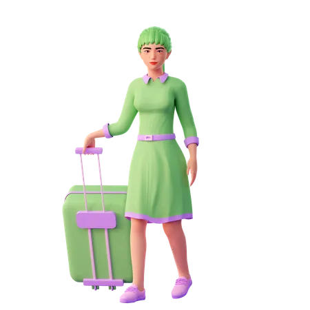 Chica tirando de su maleta usa la mano izquierda  3D Illustration