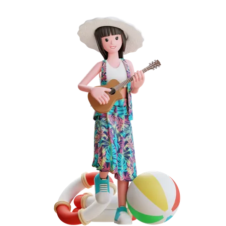 Chica tocando la guitarra en la playa  3D Illustration