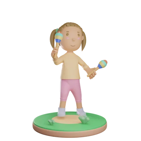 Niña tocando instrumento musical maraca  3D Illustration