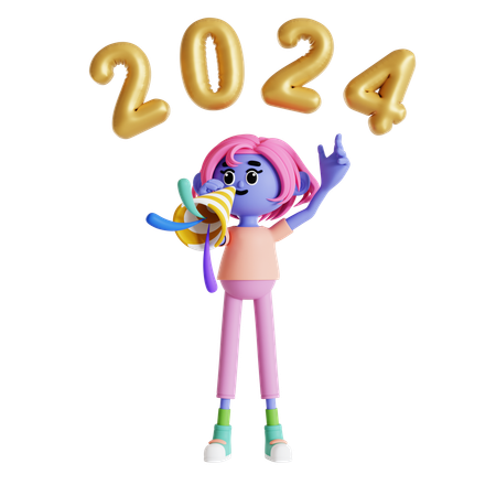 Niña tocando la trompeta en la fiesta de año nuevo  3D Illustration