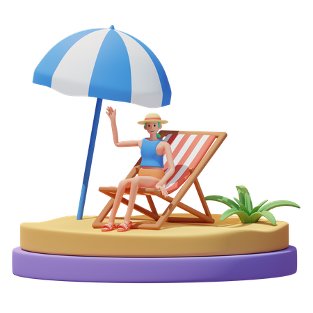 Chica tomando el sol en la silla en la playa  3D Illustration