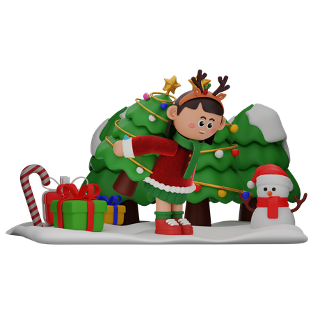 Chica trae árbol de Navidad  3D Illustration