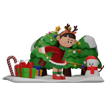 Chica trae árbol de Navidad  3D Illustration