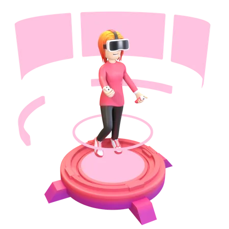 Nina Jugando Dispositivo De Realidad Virtual En Metaverso Ilustracion 3 D Render 3D Illustration