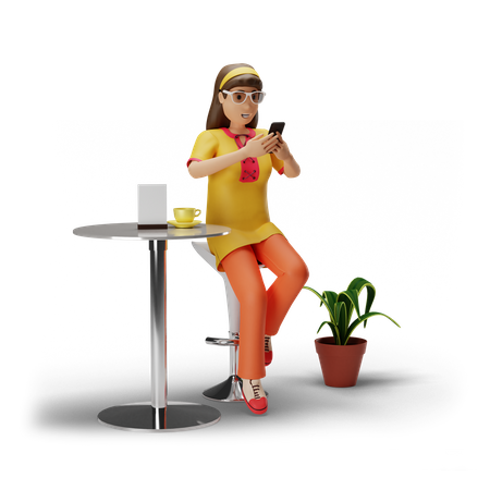 Chica usando un teléfono inteligente mientras está sentada en la mesa  3D Illustration