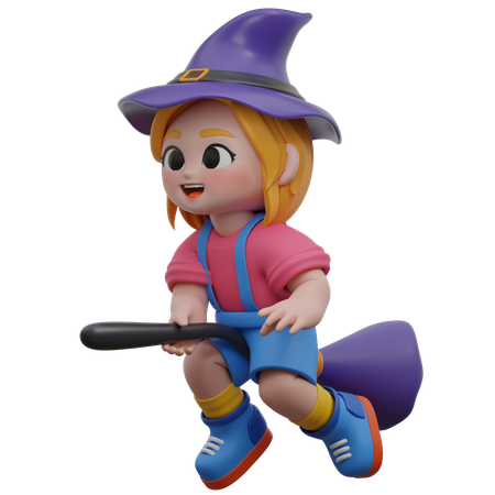 Niña volando con escoba de bruja  3D Icon