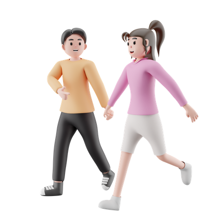 Niña y hombre corriendo juntos  3D Illustration