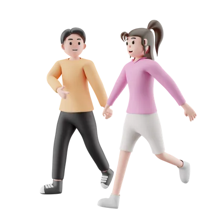 Niña y hombre corriendo juntos  3D Illustration