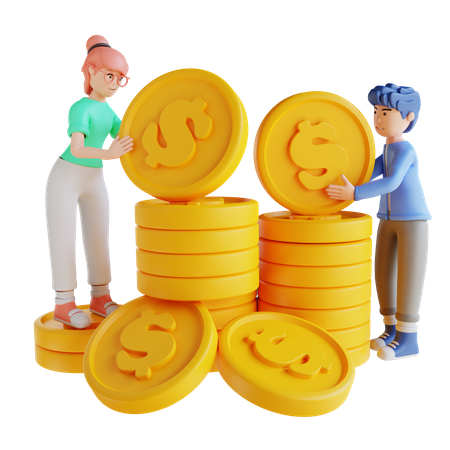 Niña y niño ahorrando dinero  3D Illustration