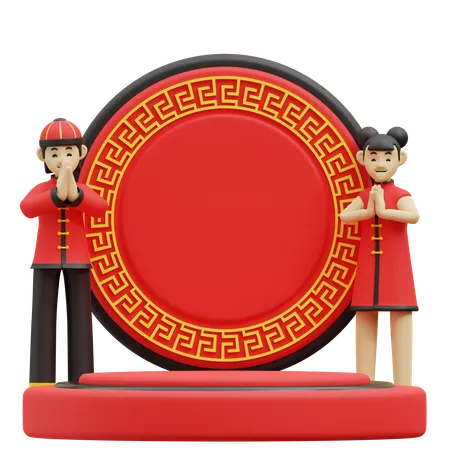 Niña y niño chinos dan la bienvenida en el podio rojo  3D Illustration