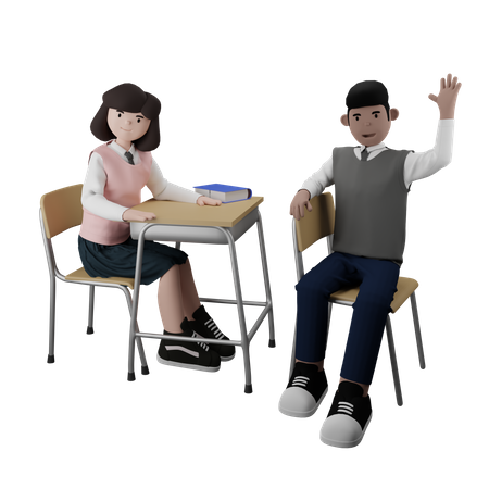 Niña y niño sentados en clase.  3D Illustration