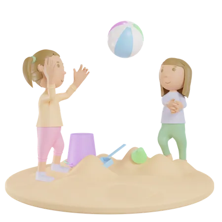 Niñas jugando pelota en la playa  3D Illustration