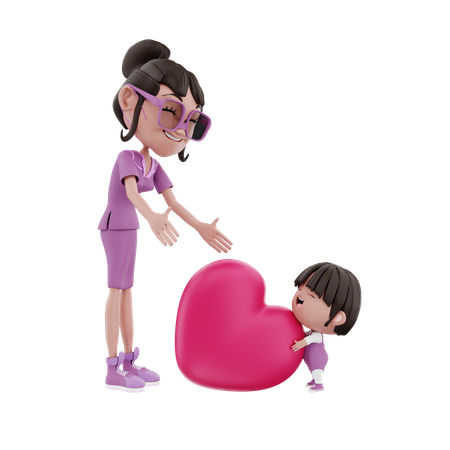 Niña pequeña dando corazón a su madre  3D Illustration