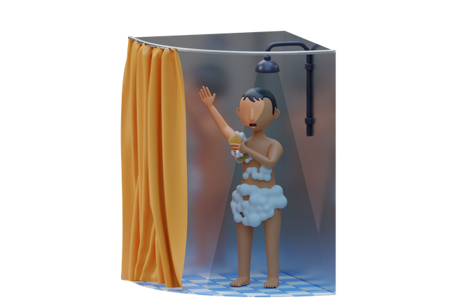 Un niño pequeño se ducha y se lava el cuerpo.  3D Illustration