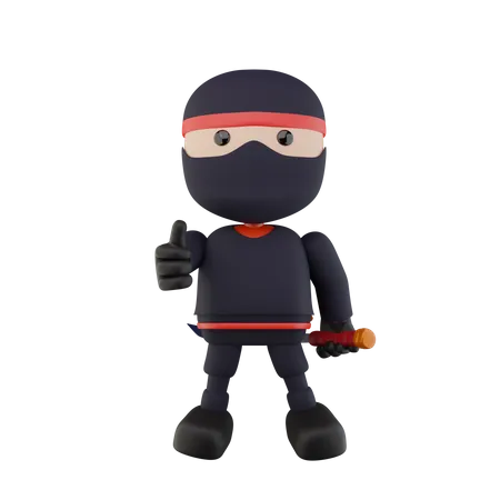 Ninja Kids showing thumbs up  3D Illustration