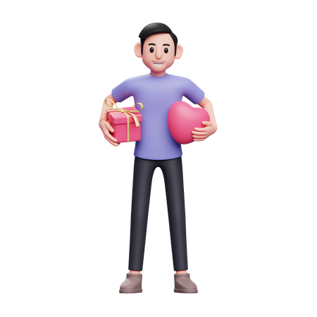 Niño abraza regalos y globos de corazón con ambas manos para San Valentín  3D Icon
