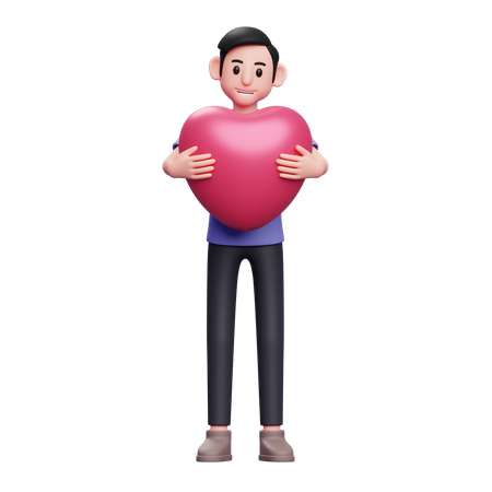 Niño abrazando corazón rosa  3D Illustration