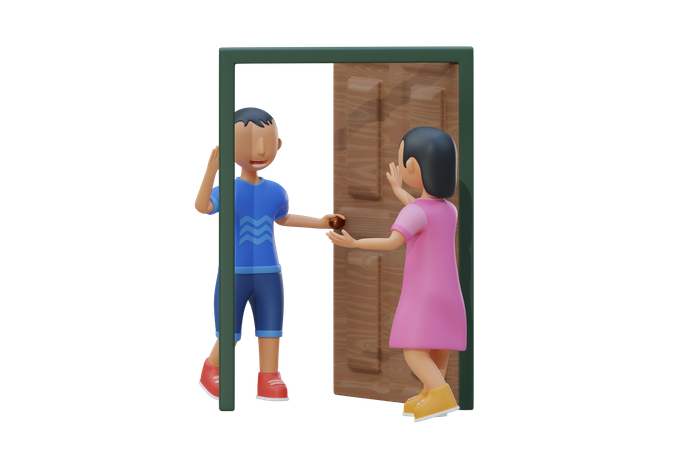 Un niño pequeño le abre la puerta a un amigo.  3D Illustration