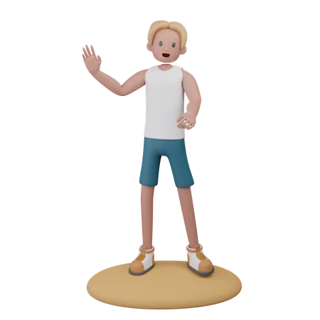 Niño saludando con la mano mientras disfruta en la playa  3D Illustration