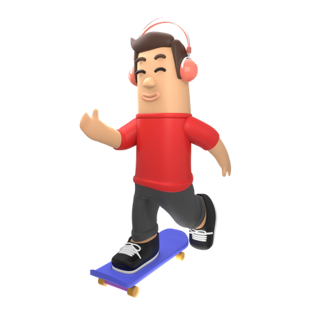 Niño montando patineta mientras escucha música  3D Illustration