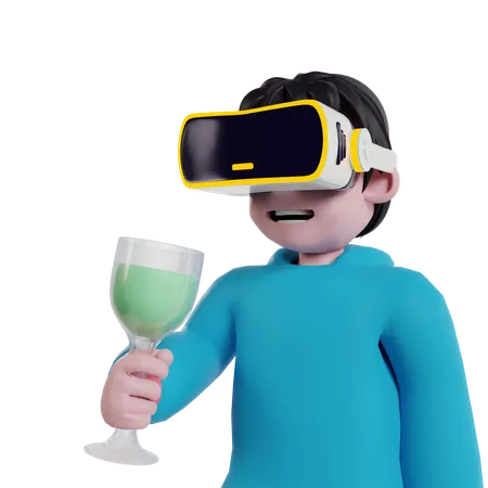 Niño tomando una copa en meta mundo usando tecnología VR  3D Illustration