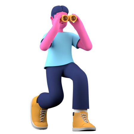 Niño buscando usando binoculares  3D Illustration