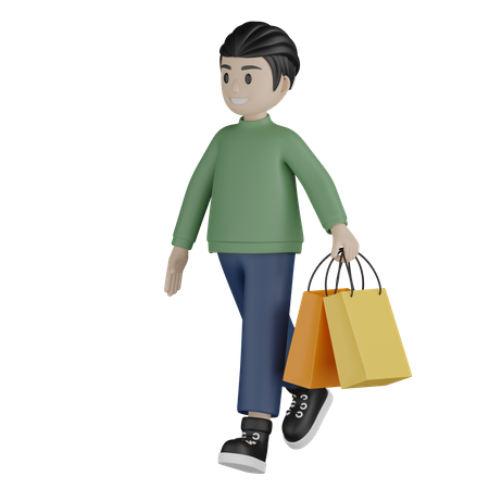 Niño caminando y sosteniendo bolsas de compras  3D Illustration