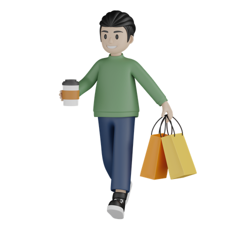 Niño caminando y sosteniendo café y bolsas de compras  3D Illustration