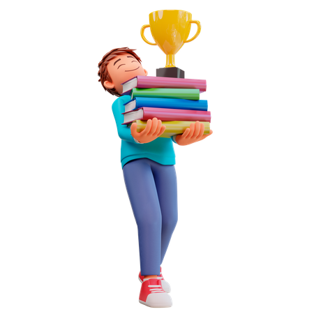 Niño cargando una pila de libros y trofeos.  3D Illustration