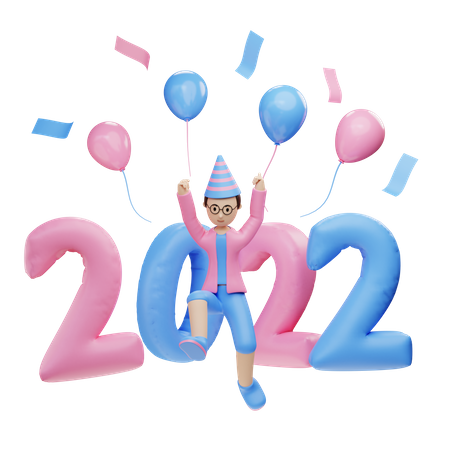 Un joven celebra el año nuevo 2022  3D Illustration
