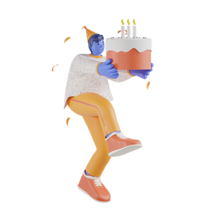 Niño celebrando cumpleaños con pastel  3D Illustration