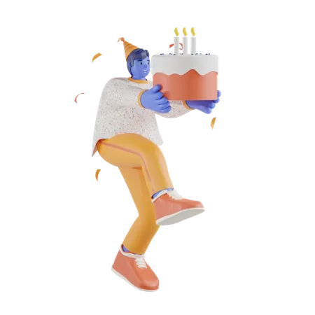 Niño celebrando cumpleaños con pastel  3D Illustration