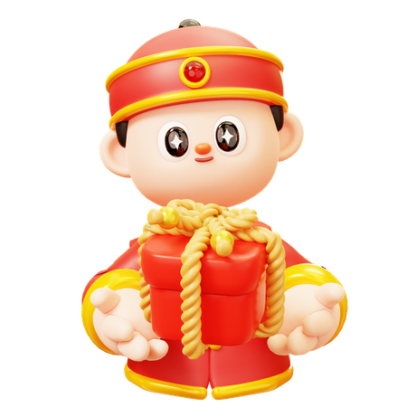 Niño chino con caja de regalo  3D Icon