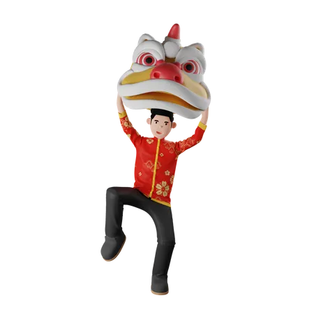Niño chino haciendo danza del león  3D Illustration