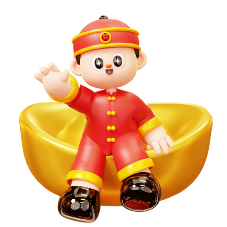 Niño chino sentado sobre lingotes de oro  3D Icon