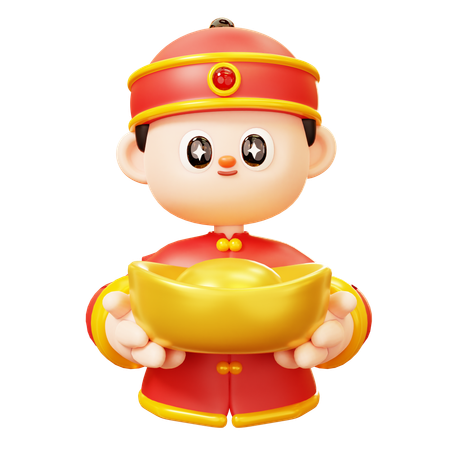 Niño chino sosteniendo lingotes de oro  3D Illustration
