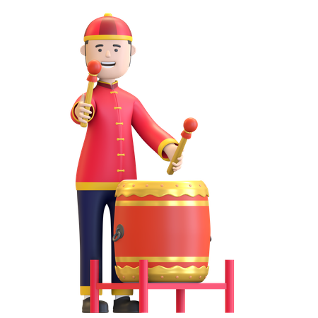Niño chino tocando tambores de percusión tradicional  3D Icon